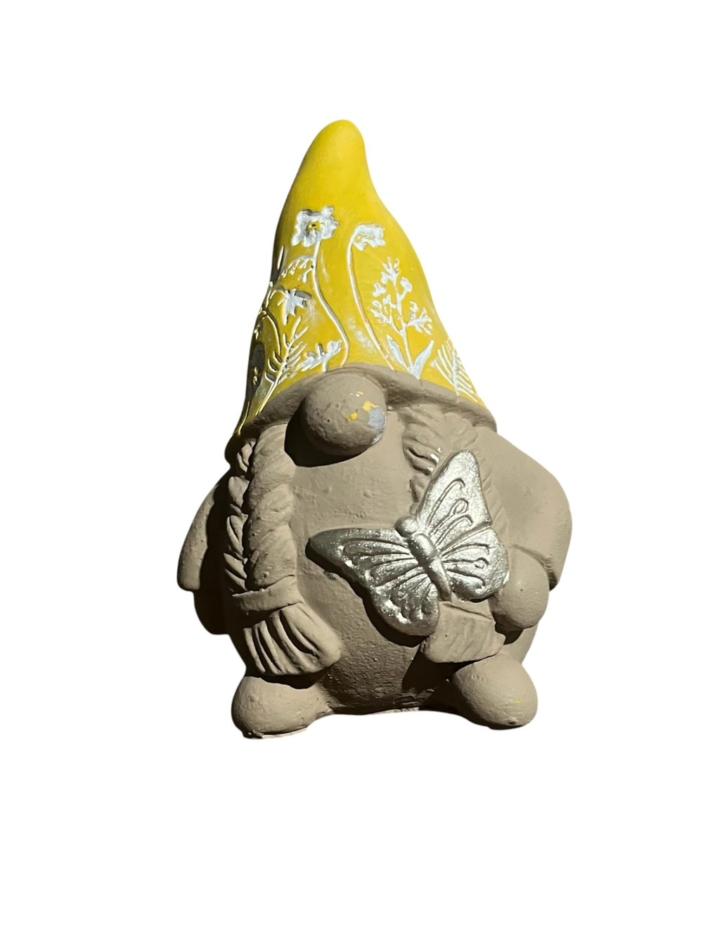 New! Yellow-Hat Garden Gnome Statue with Silver Butterfly